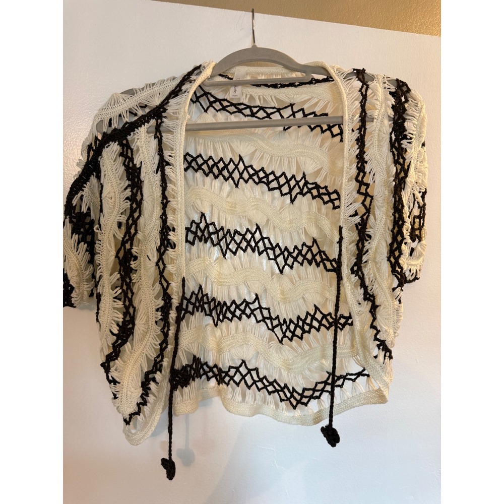Chocolate USA Black White Open Knit Cropped Cardigan Boho Crochet Tie Front Top